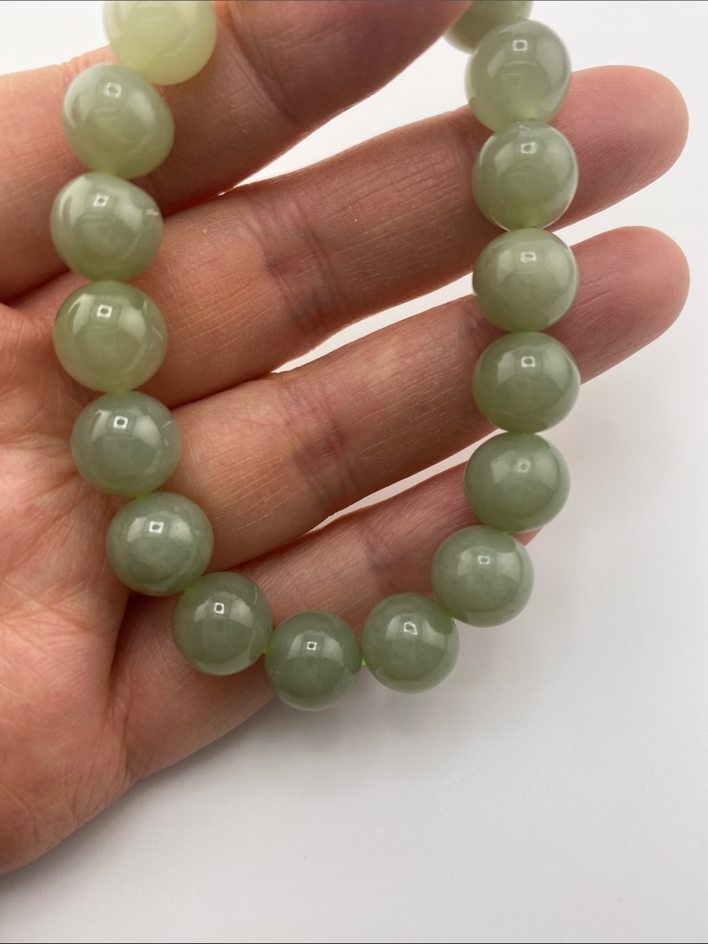 Authentic Hetian Jade Polished Beaded Bracelet - High Luster Pale Green - Picture 4 of 5